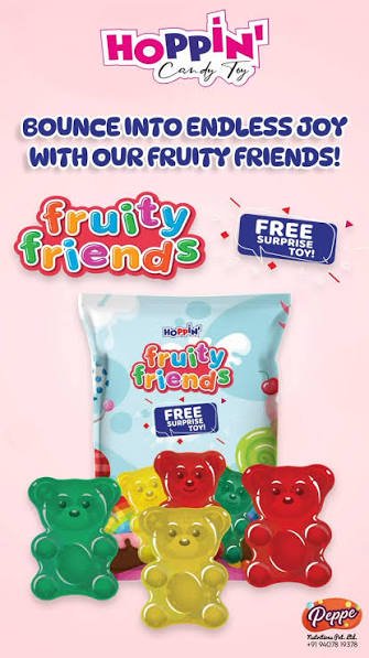 03136 /5Rs  HOPPIN'FRUITY FRIENDS JELLY / MRP 150 / DP 93 / BOX 24 JAR