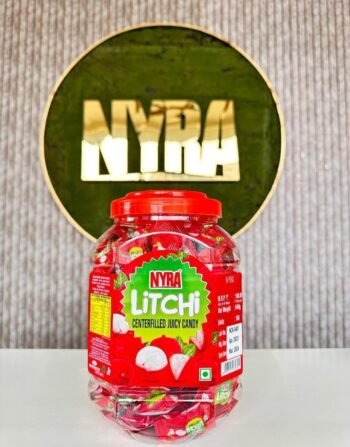 01281 / 1Rs NYRA LITCHI JUICY CANDY / MRP /160 / DP 86 / BOX 16 JAR MINIMUM ORDER 2 BOX
